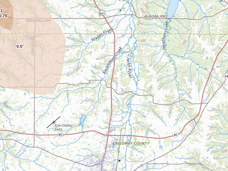Radar-estimated hail-size map of the storm over Almo, KY on Jul 26, 2026