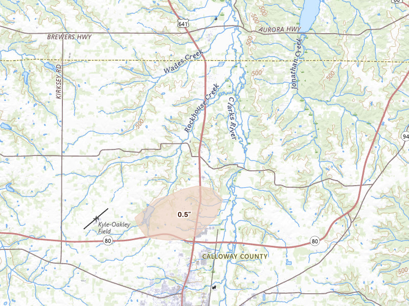 Radar-estimated hail-size map of the storm over Almo, KY on Aug 19, 2026