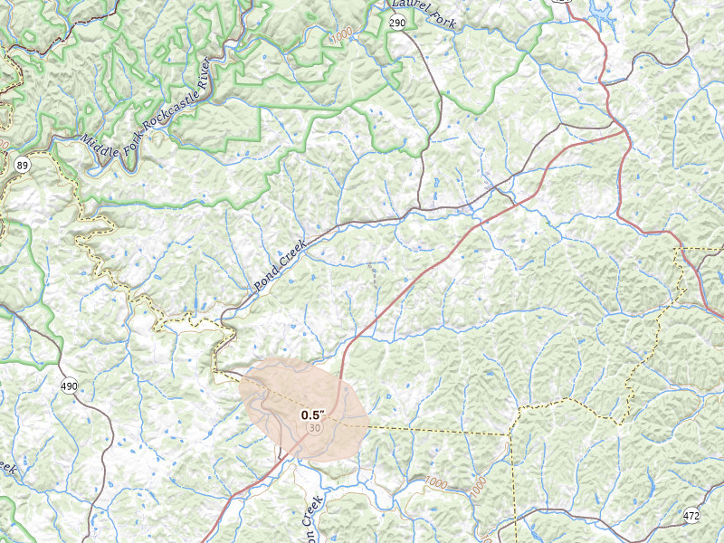 Radar-estimated hail-size map of the storm over Annville, KY on Jul 27, 2026