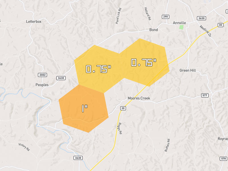 Hail map of Annville, KY on Jul 28, 2026, hail up to 1"