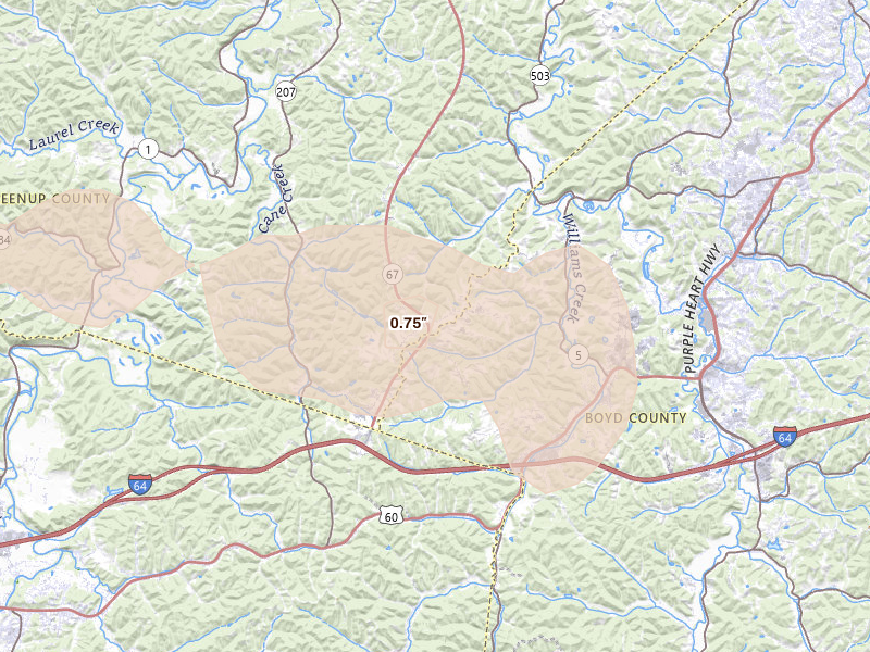 Radar-estimated hail-size map of the storm over Argillite, KY on Jul 27, 2026