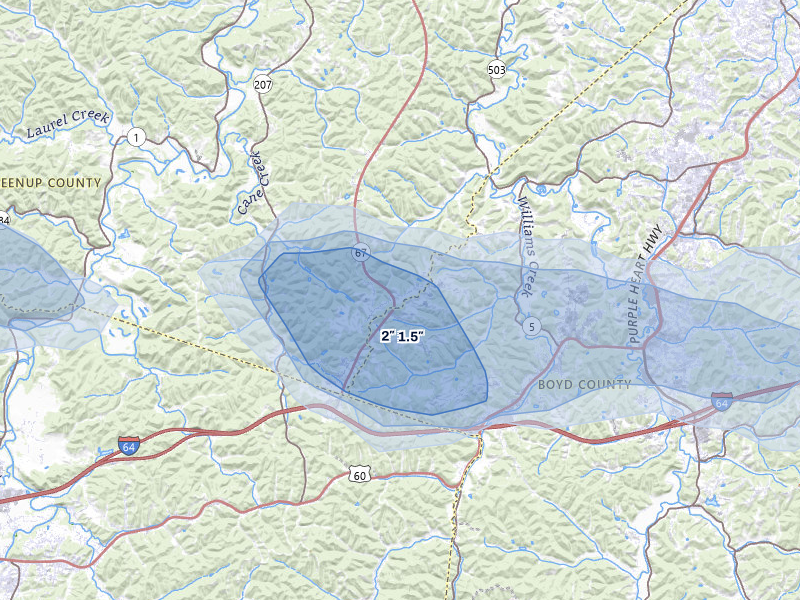 NEXRAD radar-signature map of the hail over Argillite, KY