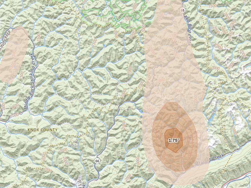 Radar-estimated hail-size map of the storm over Arjay, KY on Jul 3, 2026