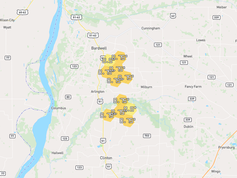 Hail map of Arlington, KY on Jun 9, 2026, hail up to 0.75"