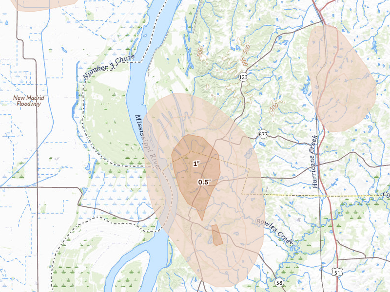 Radar-estimated hail-size map of the storm over Arlington, KY on Jul 4, 2026