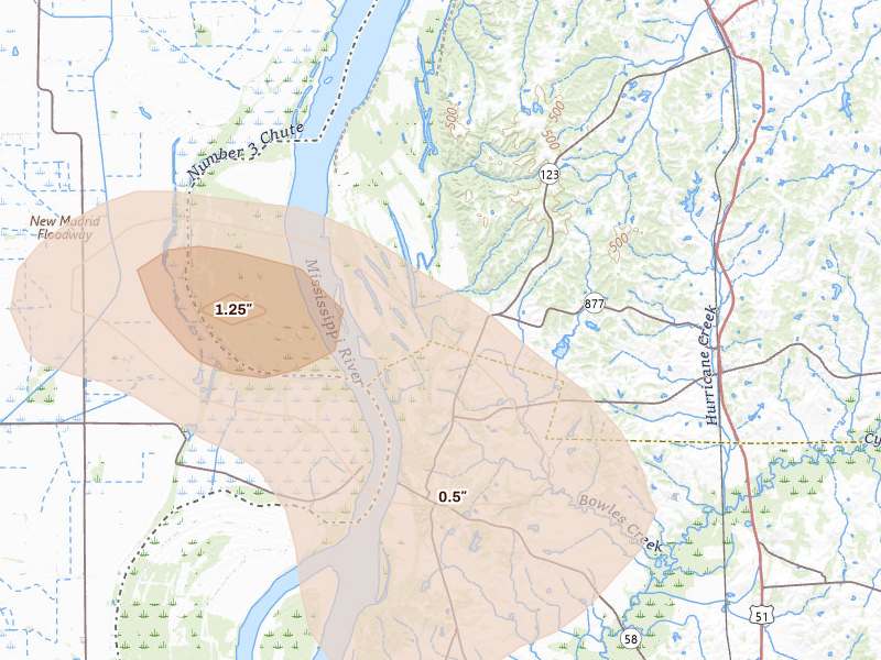 Radar-estimated hail-size map of the storm over Arlington, KY on Jul 9, 2026