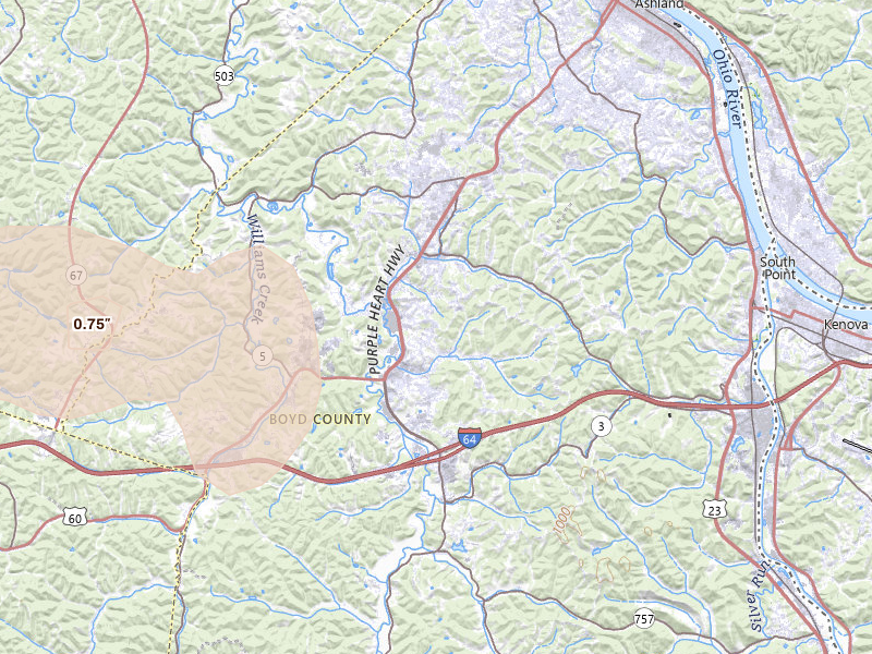 Radar-estimated hail-size map of the storm over Ashland, KY on Jul 27, 2026