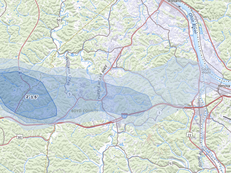 NEXRAD radar-signature map of the hail over Ashland, KY