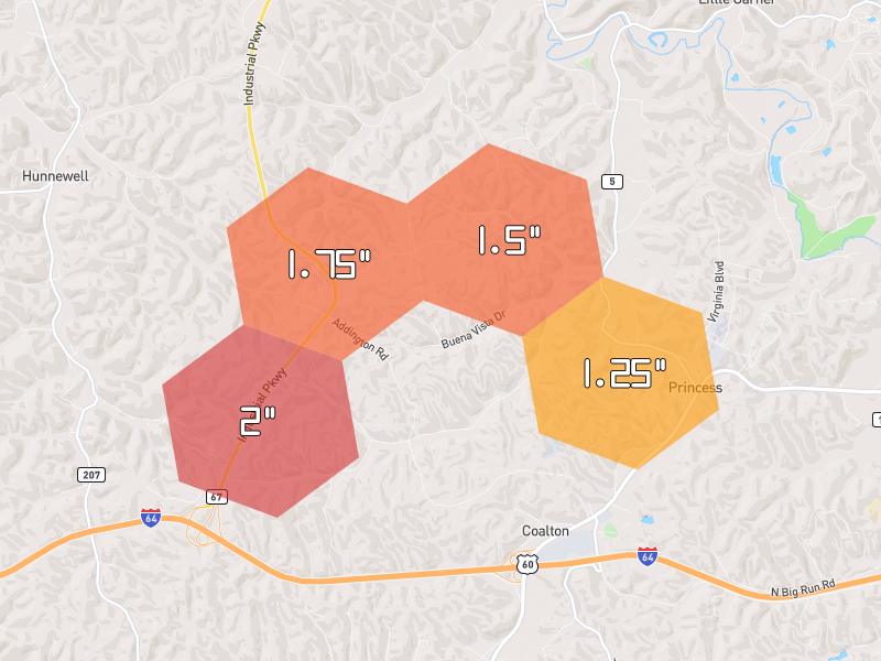 Hail map of Ashland, KY on Jul 28, 2026, hail up to 2"