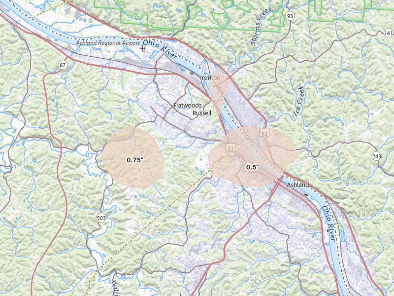 Radar-estimated hail-size map of the storm over Ashland, KY on Aug 16, 2026
