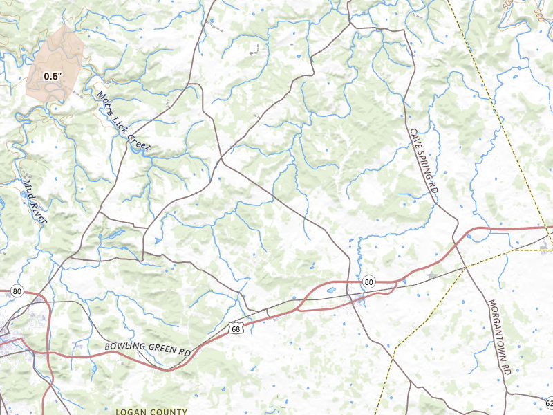 Radar-estimated hail-size map of the storm over Auburn, KY on Apr 27, 2026