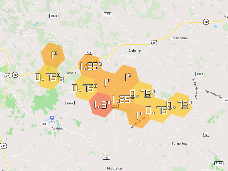 Hail map of Auburn, KY on Jun 9, 2026, hail up to 1.5"