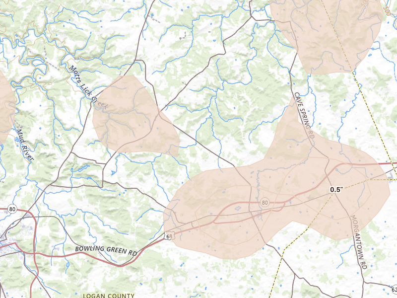 Radar-estimated hail-size map of the storm over Auburn, KY on Jul 3, 2026