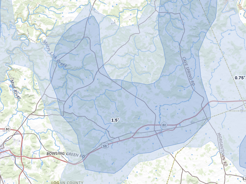 NEXRAD radar-signature map of the hail storm over Auburn, KY on Jul 3, 2026