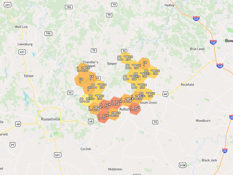 Hail map of Auburn, KY on Jul 3, 2026, hail up to 1.5"