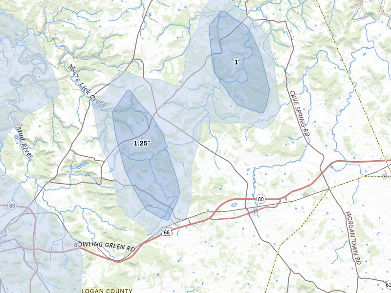 NEXRAD radar-signature map of the hail storm over Auburn, KY on Jul 10, 2026