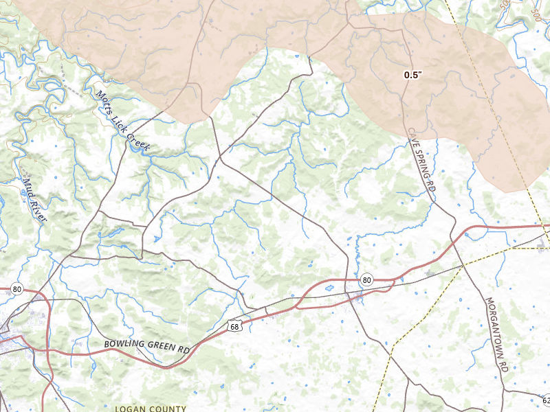 Radar-estimated hail-size map of the storm over Auburn, KY on Jul 21, 2026