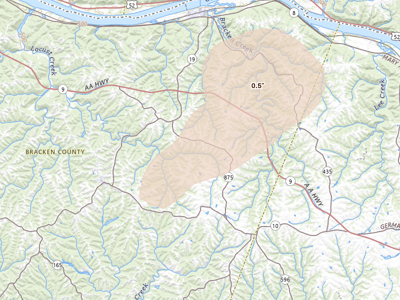Radar-estimated hail-size map of the storm over Augusta, KY on Aug 7, 2026