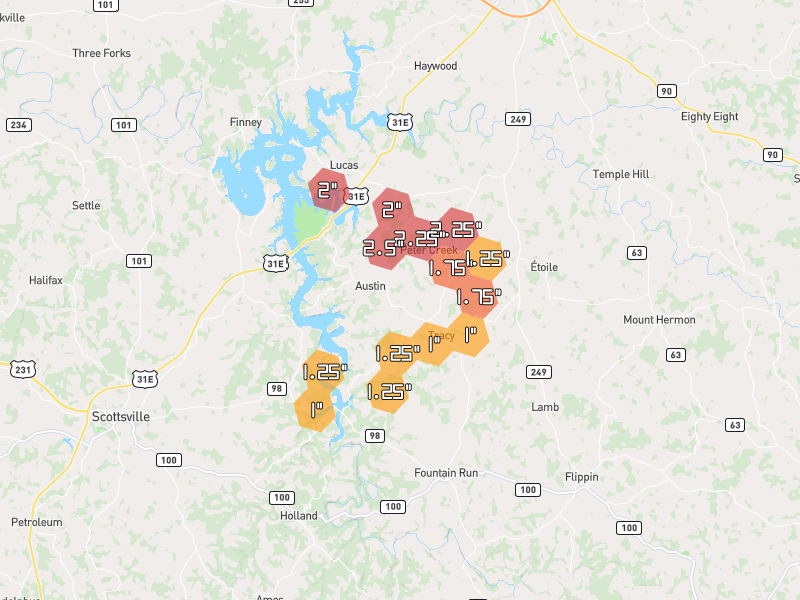 Hail map of Austin, KY on Jul 11, 2026, hail up to 2.5"