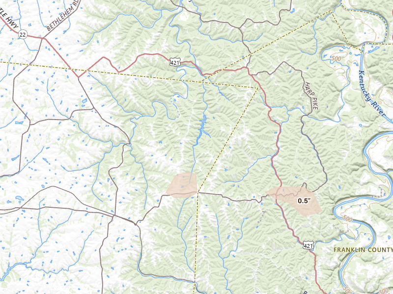 Radar-estimated hail-size map of the storm over Bagdad, KY on Jul 27, 2026