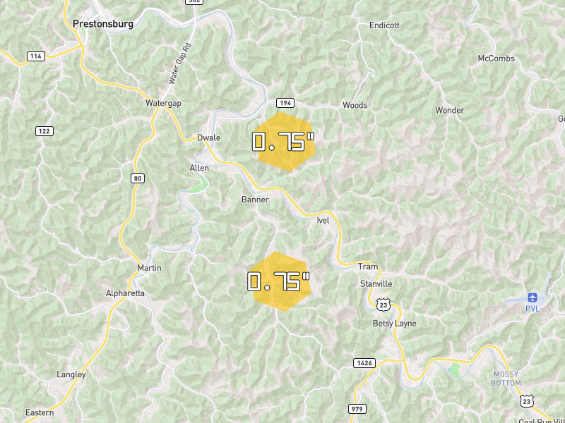 Hail map of Banner, KY on Jul 28, 2026, hail up to 0.75"