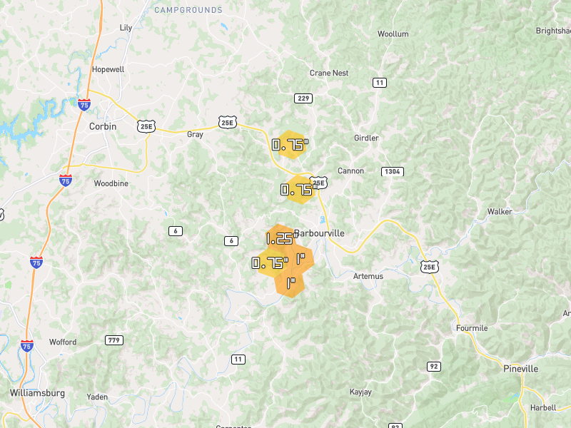 Hail map of Barbourville, KY on Jul 4, 2026, hail up to 1.25"