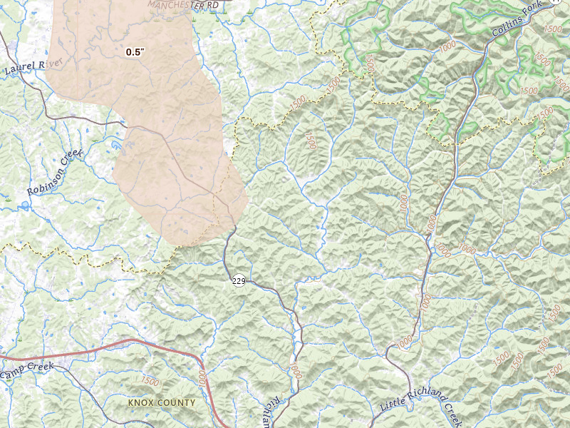 Radar-estimated hail-size map of the storm over Barbourville, KY on Aug 16, 2026