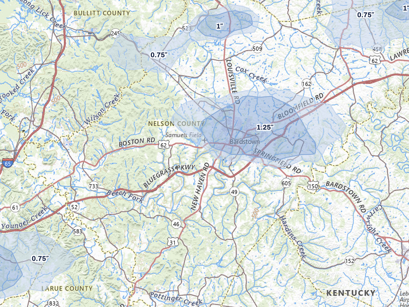 NEXRAD radar-signature map of the hail storm over Bardstown, KY on Apr 1, 2026