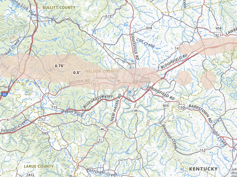 Radar-estimated hail-size map of the storm over Bardstown, KY