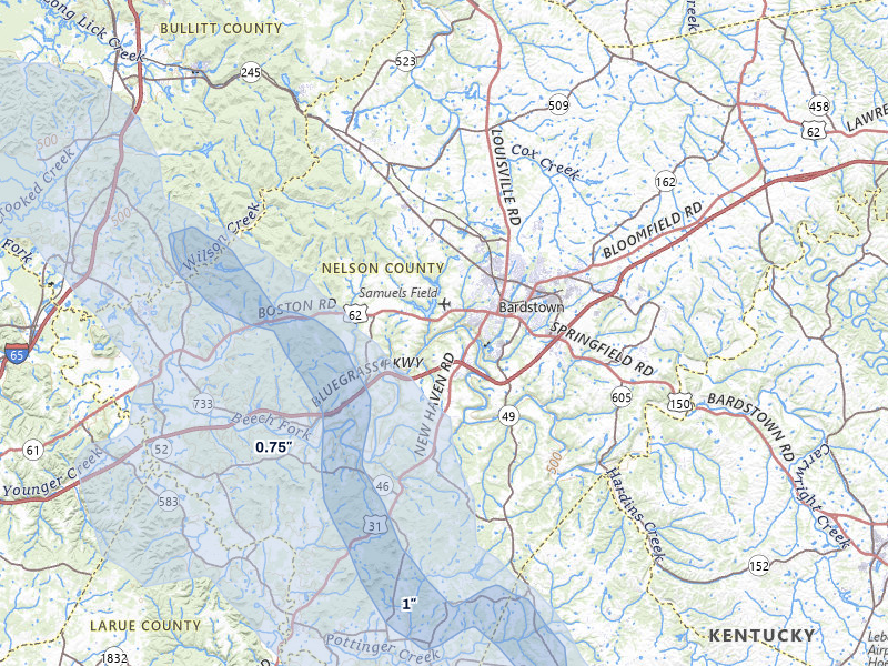 NEXRAD radar-signature map of the hail over Bardstown, KY