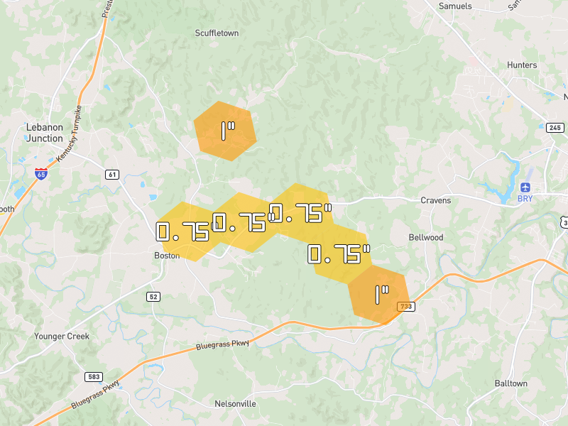 Hail map of Bardstown, KY on Jul 21, 2026, hail up to 1"