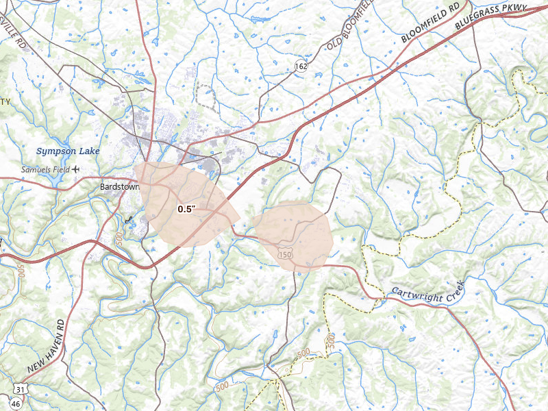 Radar-estimated hail-size map of the storm over Bardstown, KY on Aug 11, 2026
