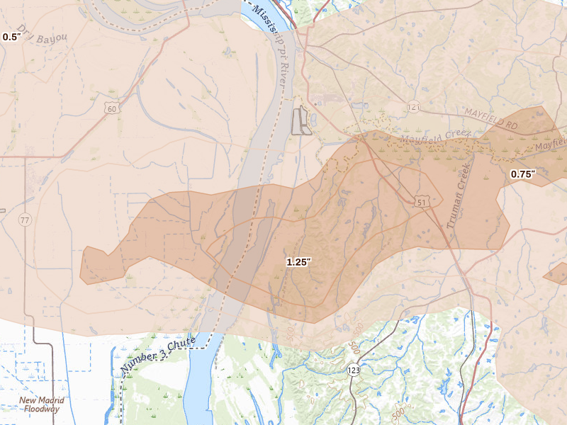 Radar-estimated hail-size map of the storm over Bardwell, KY on Jun 8, 2026