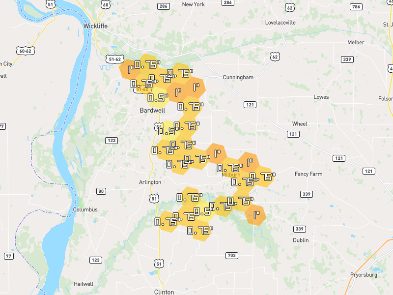 Hail map of Bardwell, KY on Jun 9, 2026, hail up to 1"