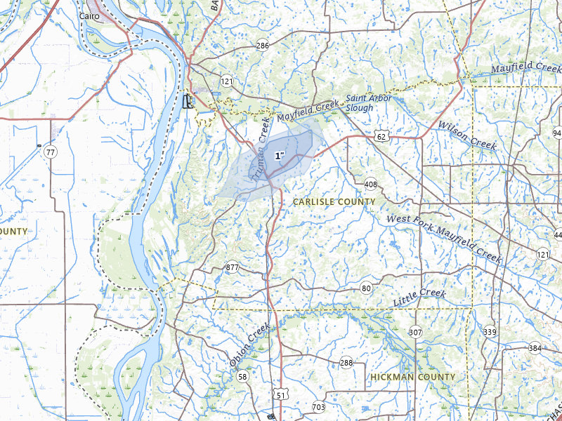 NEXRAD radar-signature map of the hail storm over Bardwell, KY on Jun 27, 2026