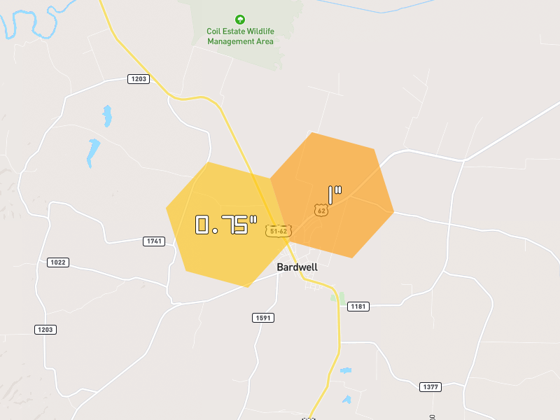 Hail map of Bardwell, KY on Jun 27, 2026, hail up to 1"