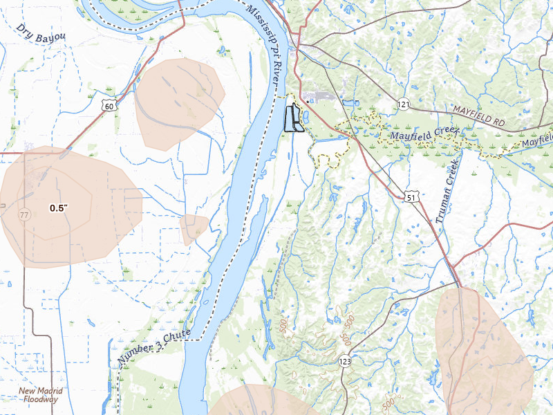 Radar-estimated hail-size map of the storm over Bardwell, KY on Jul 4, 2026