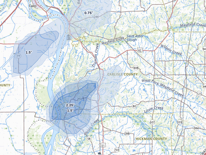 NEXRAD radar-signature map of the hail storm over Bardwell, KY on Jul 4, 2026