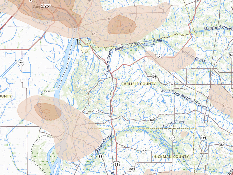 Radar-estimated hail-size map of the storm over Bardwell, KY on Jul 9, 2026