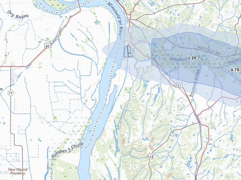 NEXRAD radar-signature map of the hail over Bardwell, KY