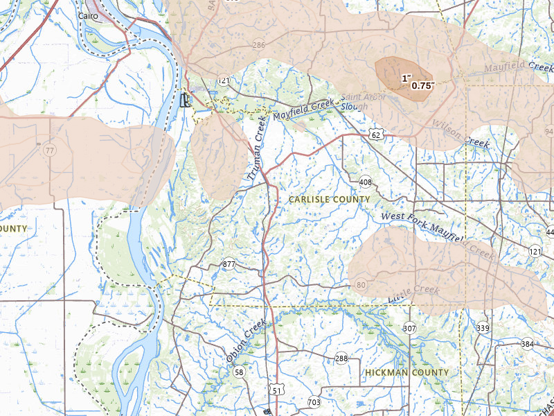 Radar-estimated hail-size map of the storm over Bardwell, KY on Aug 19, 2026