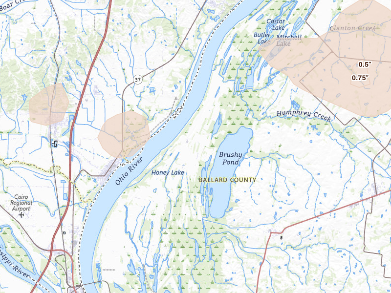 Radar-estimated hail-size map of the storm over Barlow, KY on Jun 1, 2026