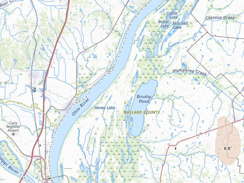 Radar-estimated hail-size map of the storm over Barlow, KY on Jul 7, 2026