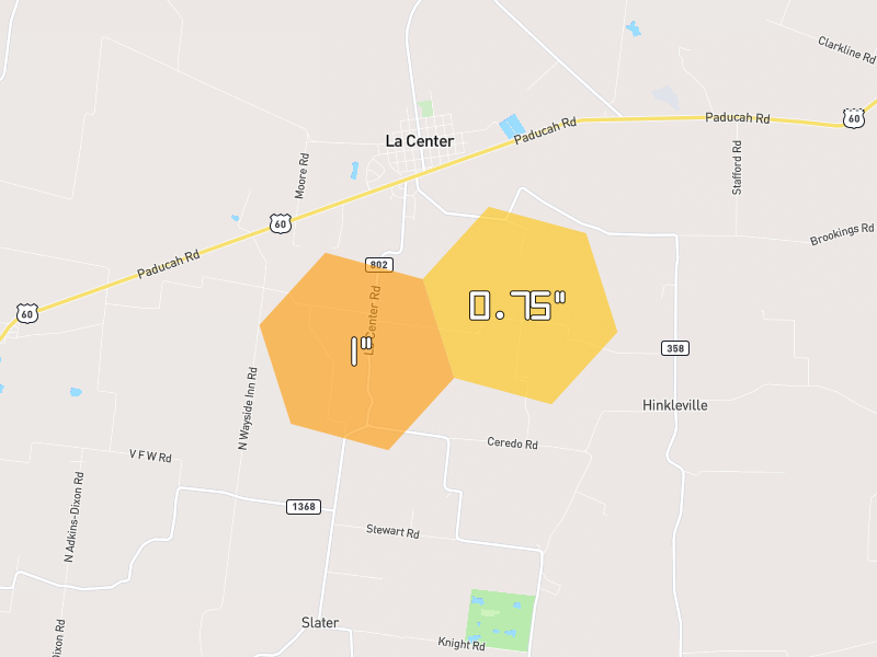 Hail map of Barlow, KY on Jul 7, 2026, hail up to 1"