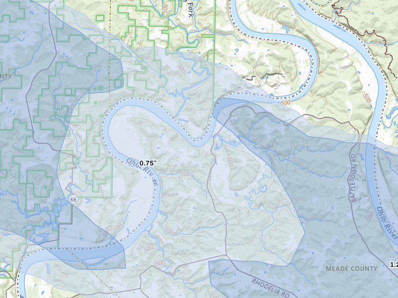 NEXRAD radar-signature map of the hail over Battletown, KY