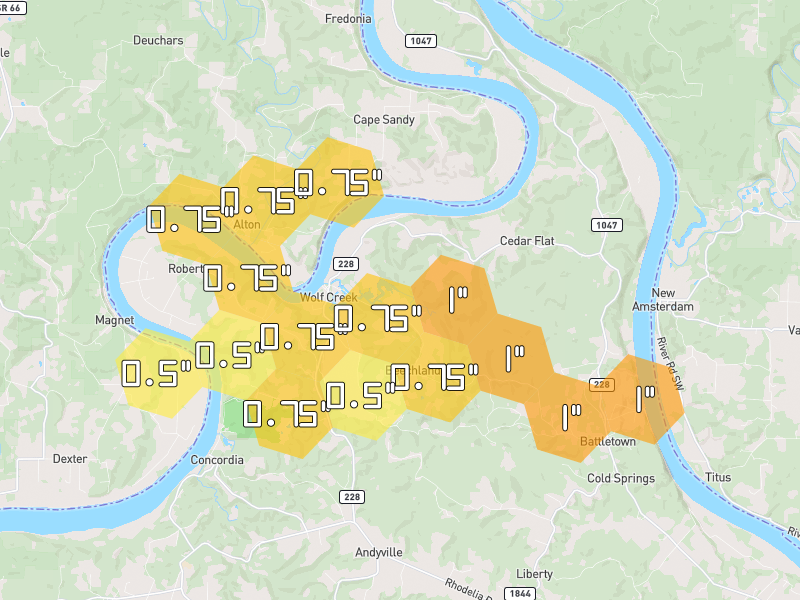 Hail map of Battletown, KY on Jul 21, 2026, hail up to 1"