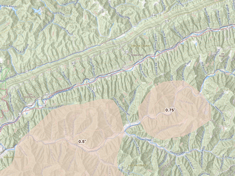 Radar-estimated hail-size map of the storm over Baxter, KY