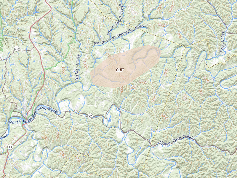 Radar-estimated hail-size map of the storm over Beattyville, KY on Aug 13, 2026