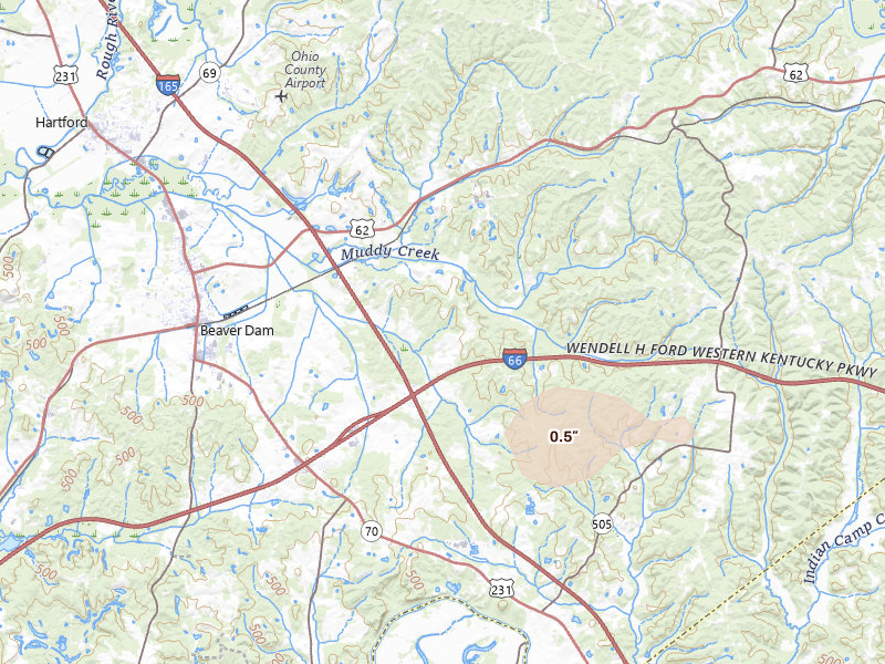 Radar-estimated hail-size map of the storm over Beaver Dam, KY on Jun 11, 2026