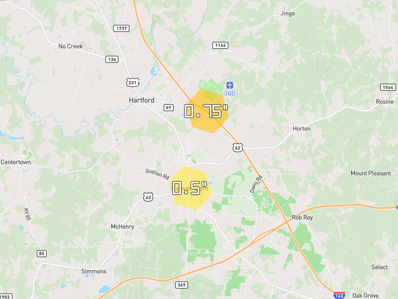 Hail map of Beaver Dam, KY on Jun 27, 2026, hail up to 0.75"